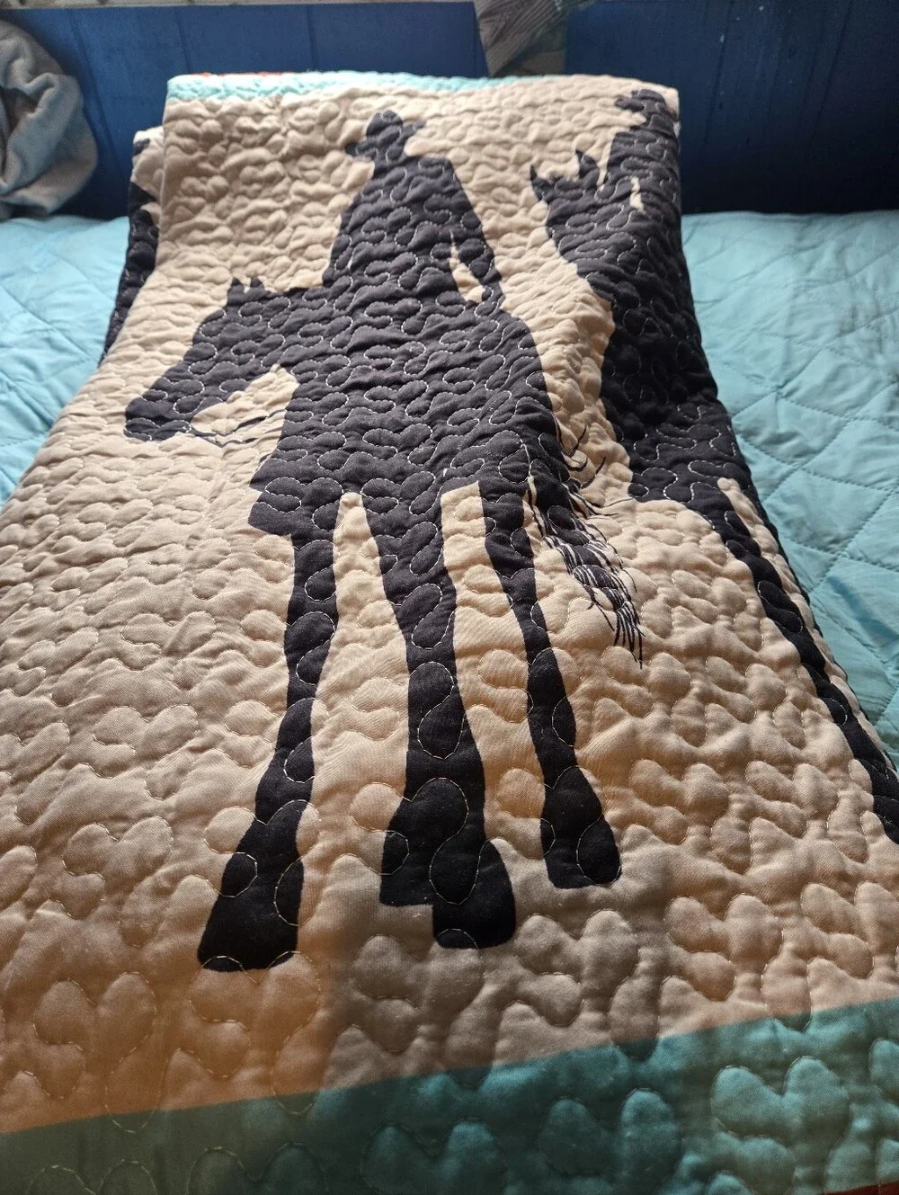 Western Horse Silhouette Quilted Comfort - Black on Cream with Turquoise Stripes